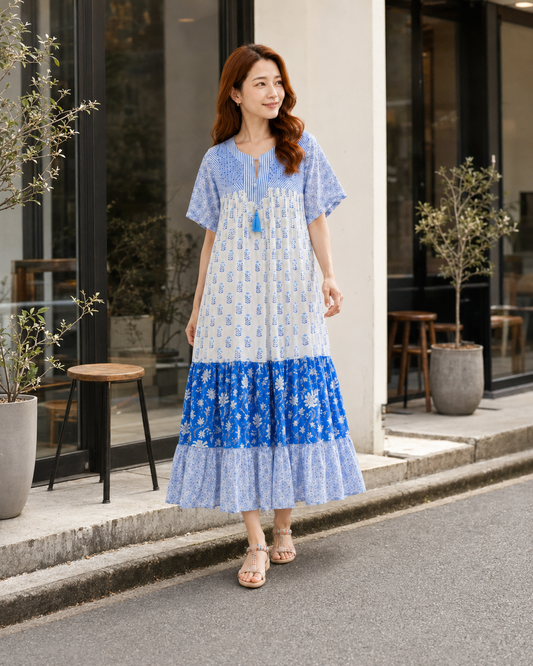 The Airy Day Dress in blue, handmade block-print tiered cotton, UNIQKY