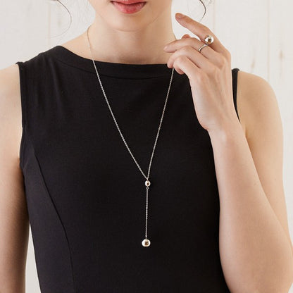 Silver Japanese handmade nickel-free Y-lariat necklace on model