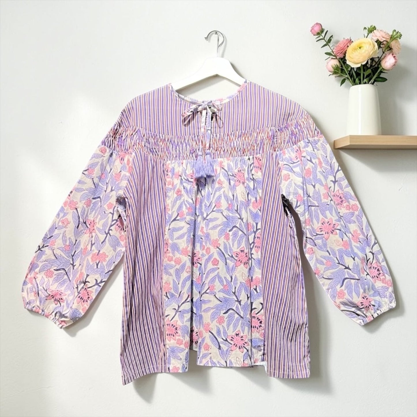 Handmade floral-mix cotton tassel blouse, UNIQKY