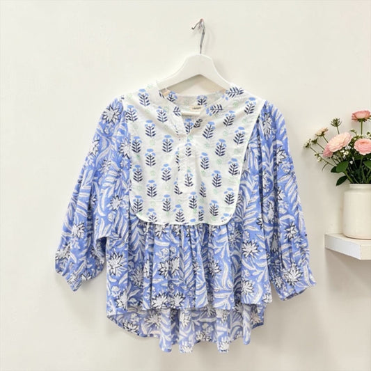 Handmade floral block-print cotton flare blouse, UNIQKY