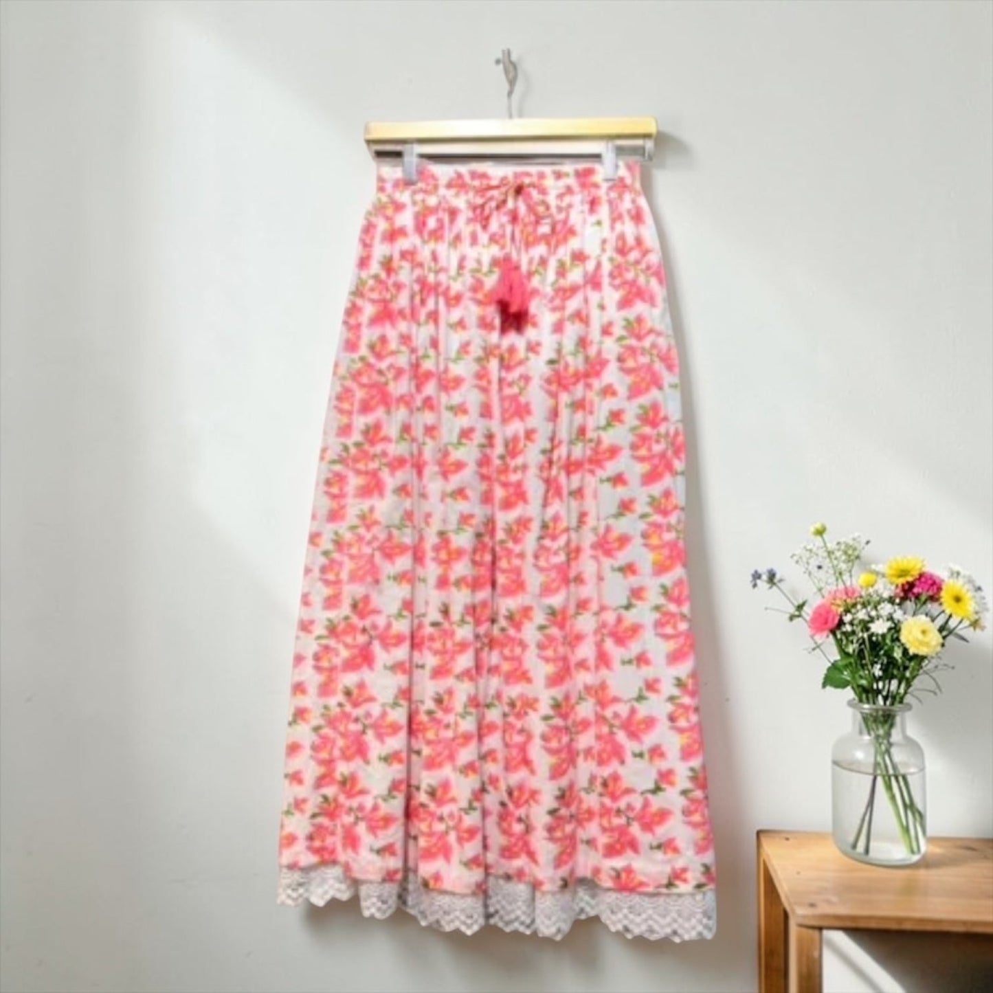 Block-print cotton skirt with ribbon tie, UNIQKY