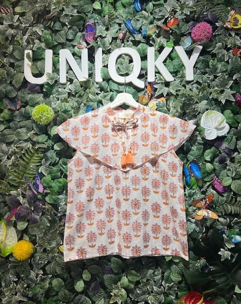Block-print sleeveless cotton blouse detail, UNIQKY