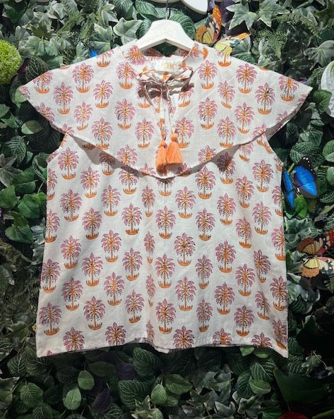 Handmade block-print cotton sleeveless collar blouse, UNIQKY