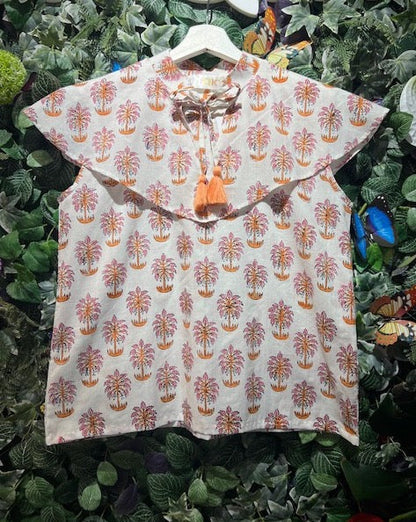 Handmade block-print cotton sleeveless collar blouse, UNIQKY