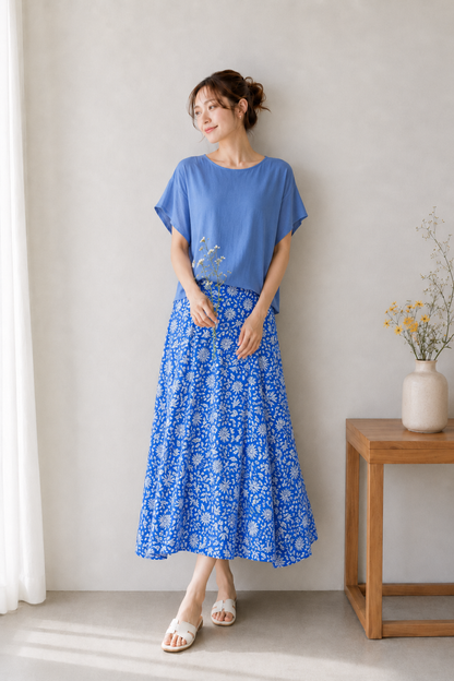 Blue botanical block-print flare skirt, UNIQKY