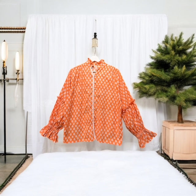Handmade oriental block-print cotton stand-collar blouse, UNIQKY