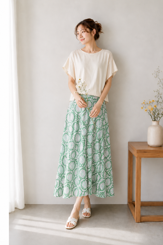 Handmade botanical block-print cotton flare skirt in green, UNIQKY