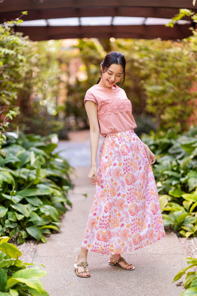 Handmade block floral cotton flare skirt, UNIQKY