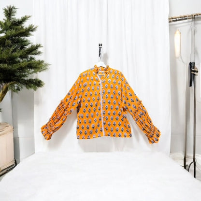 Block-print stand-collar cotton blouse detail, UNIQKY