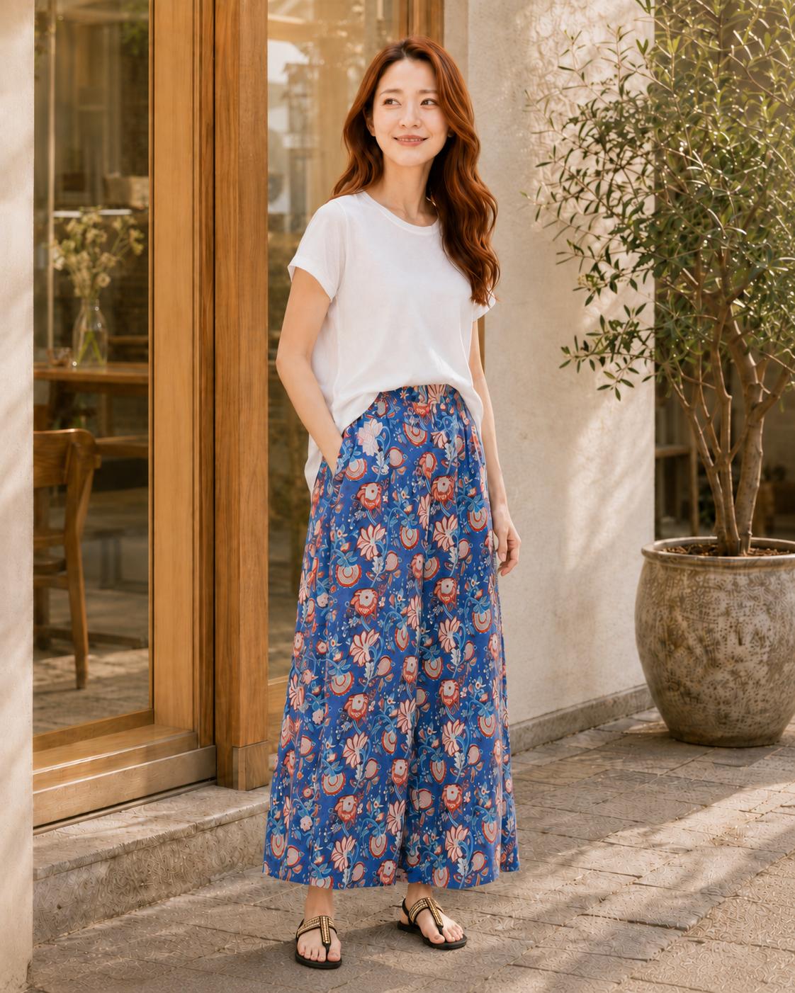 Blue block-print cotton wide-leg pants, UNIQKY