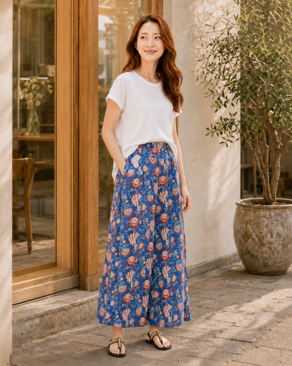 Blue block-print cotton wide-leg pants, UNIQKY