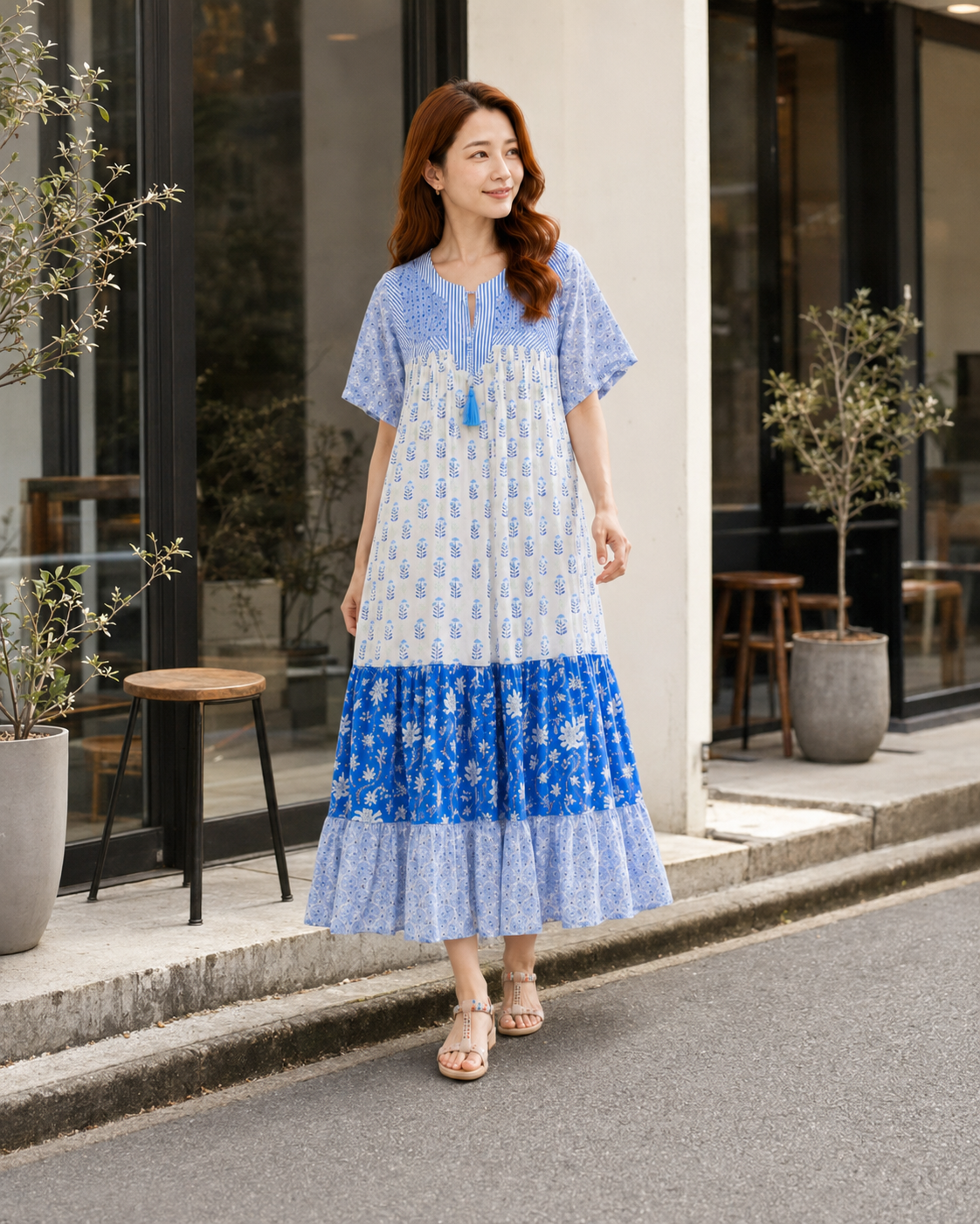 The Airy Day Dress in blue, handmade block-print tiered cotton, UNIQKY