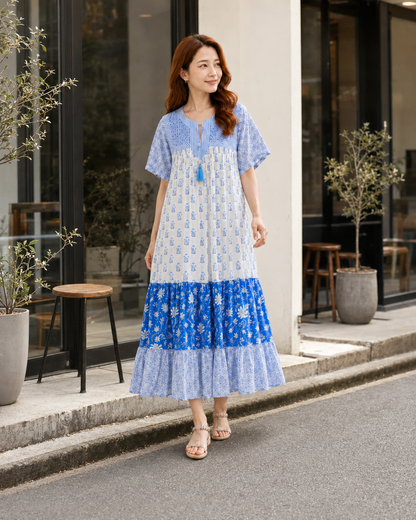 The Airy Day Dress in blue, handmade block-print tiered cotton, UNIQKY