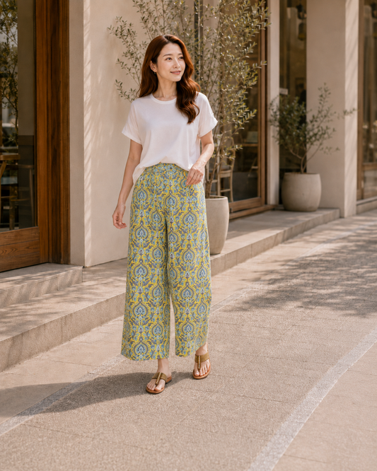 Handmade block-print cotton wide-leg pants in yellow, UNIQKY