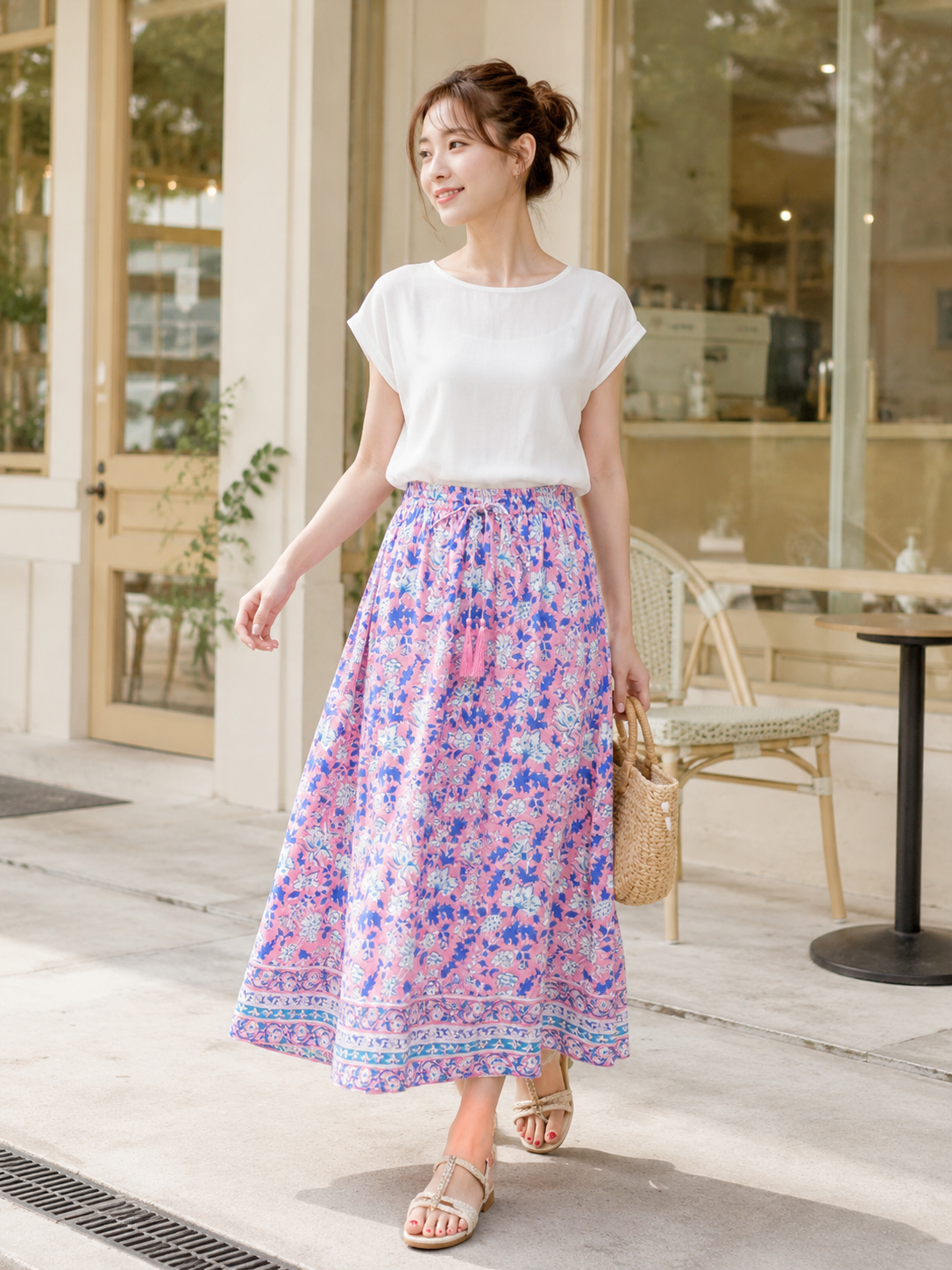 Pink flower-border cotton maxi skirt, UNIQKY