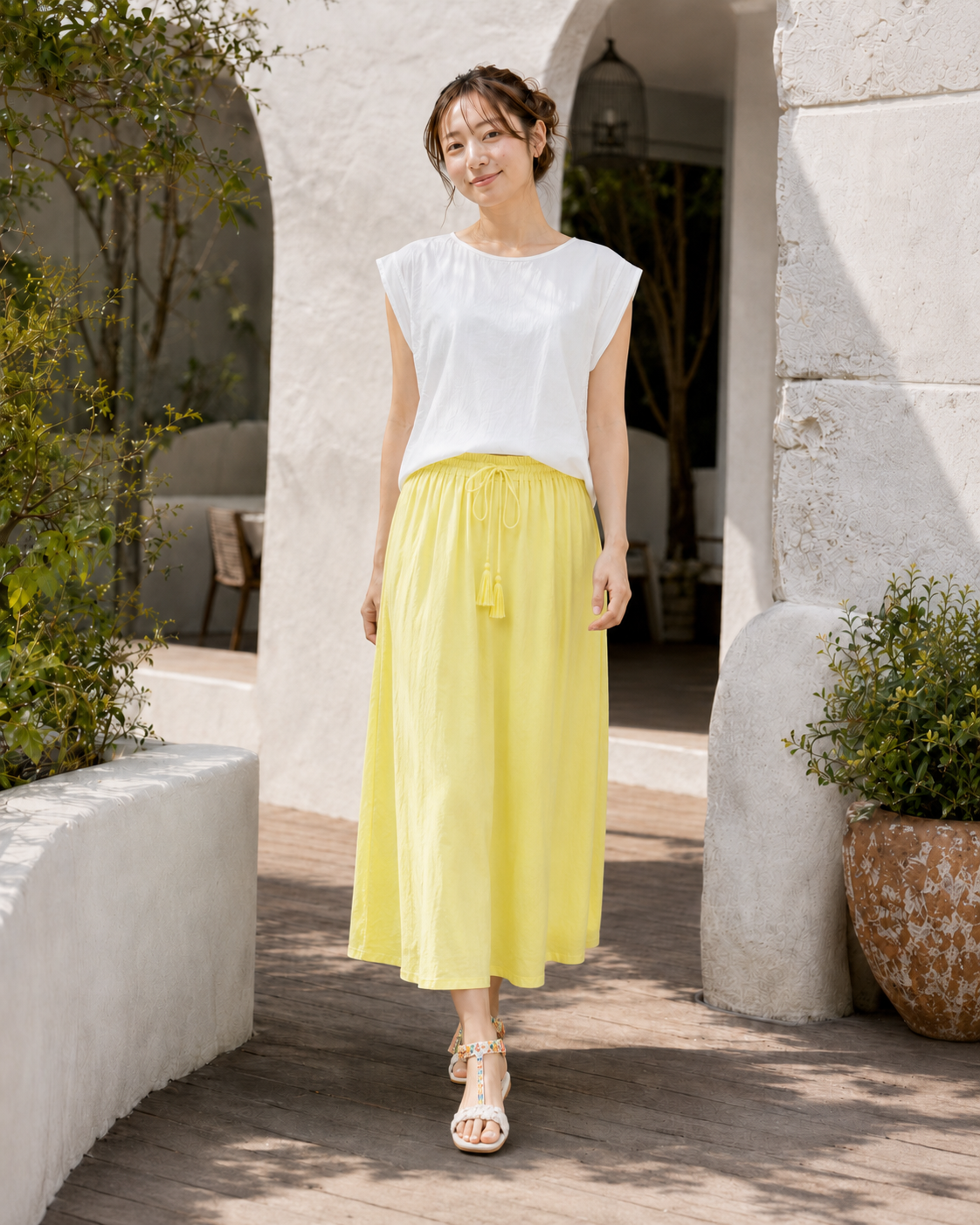 Yellow block-print flare skirt, UNIQKY