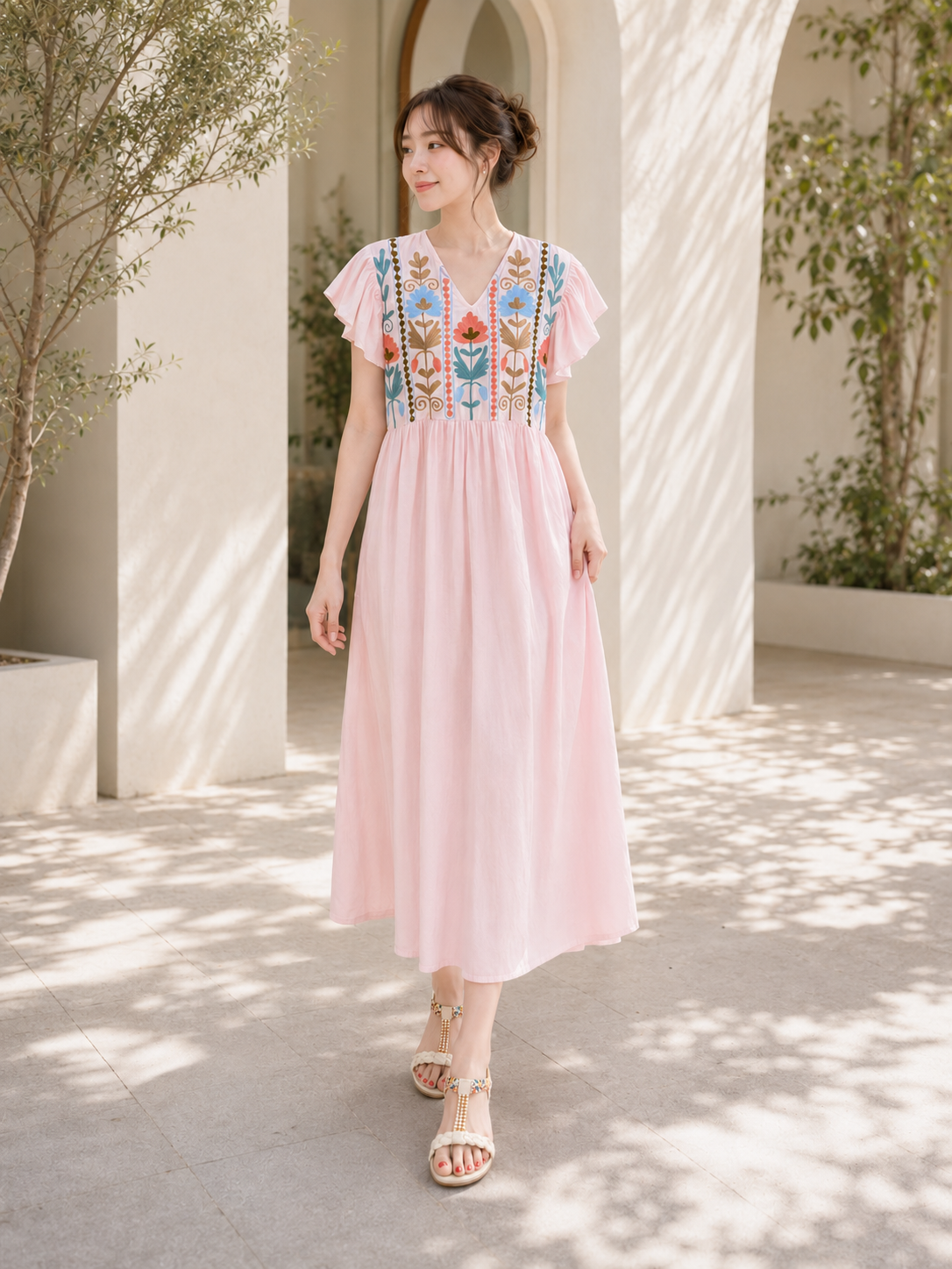 Pastel pink embroidered cotton dress, UNIQKY