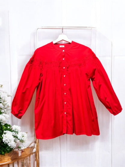 Handmade cotton voile pintuck blouse in red, UNIQKY