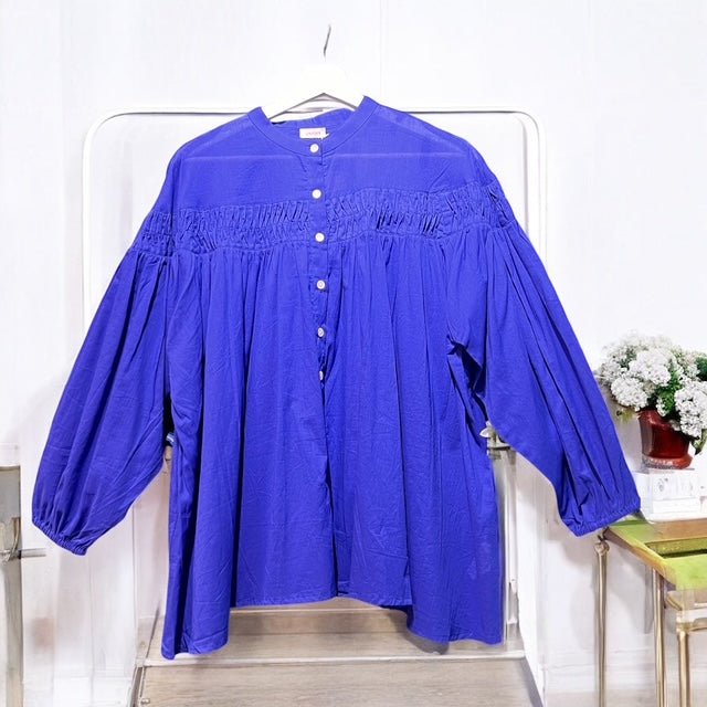 Pintuck band-collar cotton blouse, UNIQKY