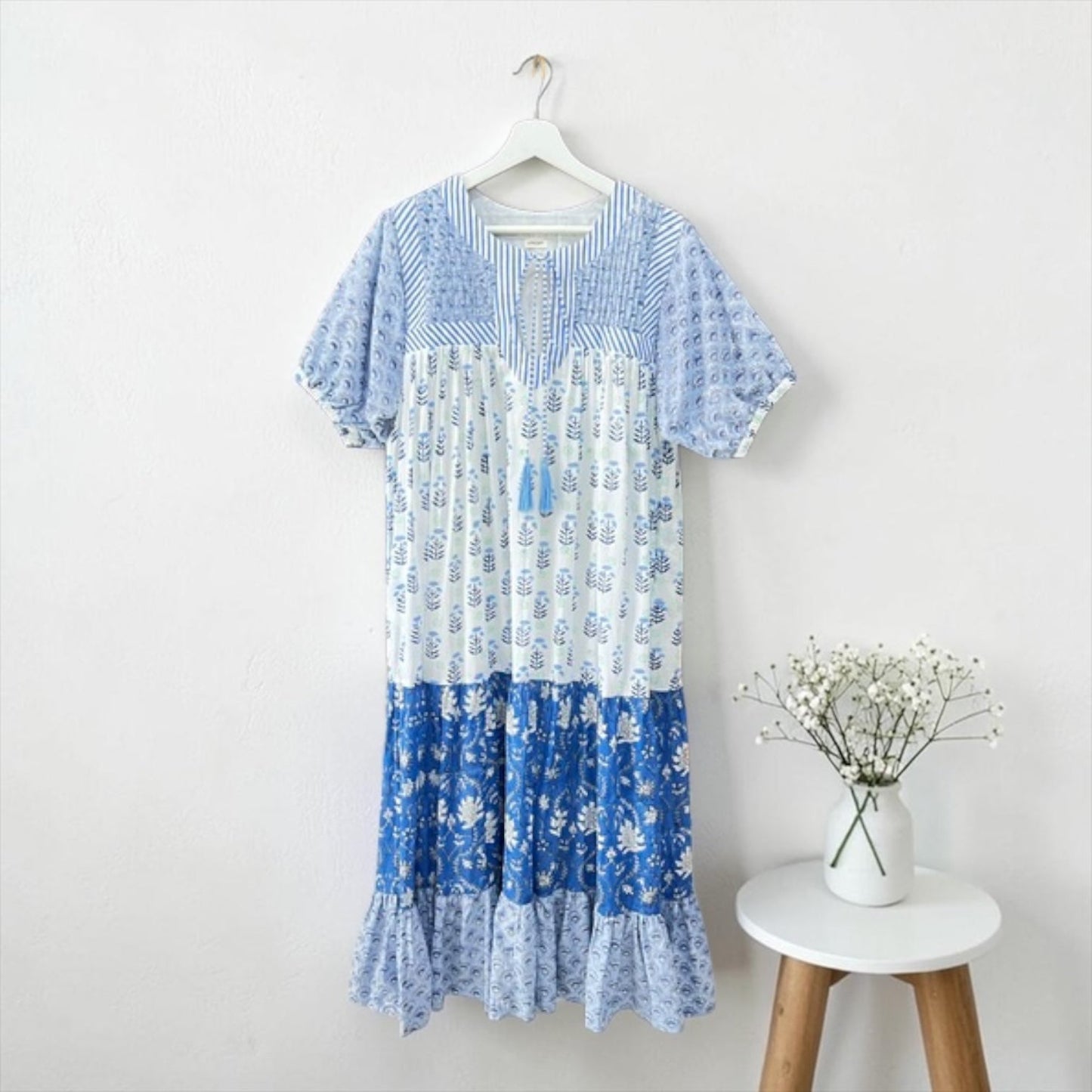 The Airy Day Dress blue block-print detail, UNIQKY