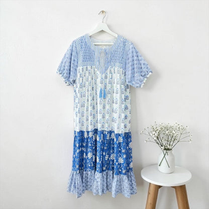 The Airy Day Dress blue block-print detail, UNIQKY