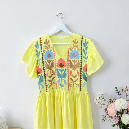 Yellow embroidered cotton dress detail, UNIQKY