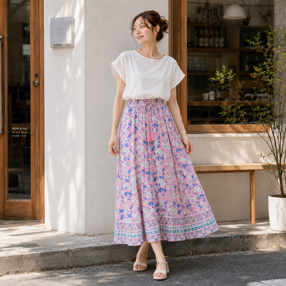 Pink block-print cotton long skirt, UNIQKY
