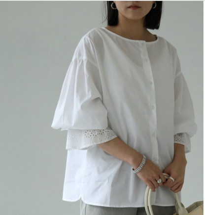 2-way candy-sleeve cotton blouse detail, UNIQKY