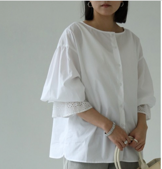 2-way candy-sleeve cotton blouse detail, UNIQKY