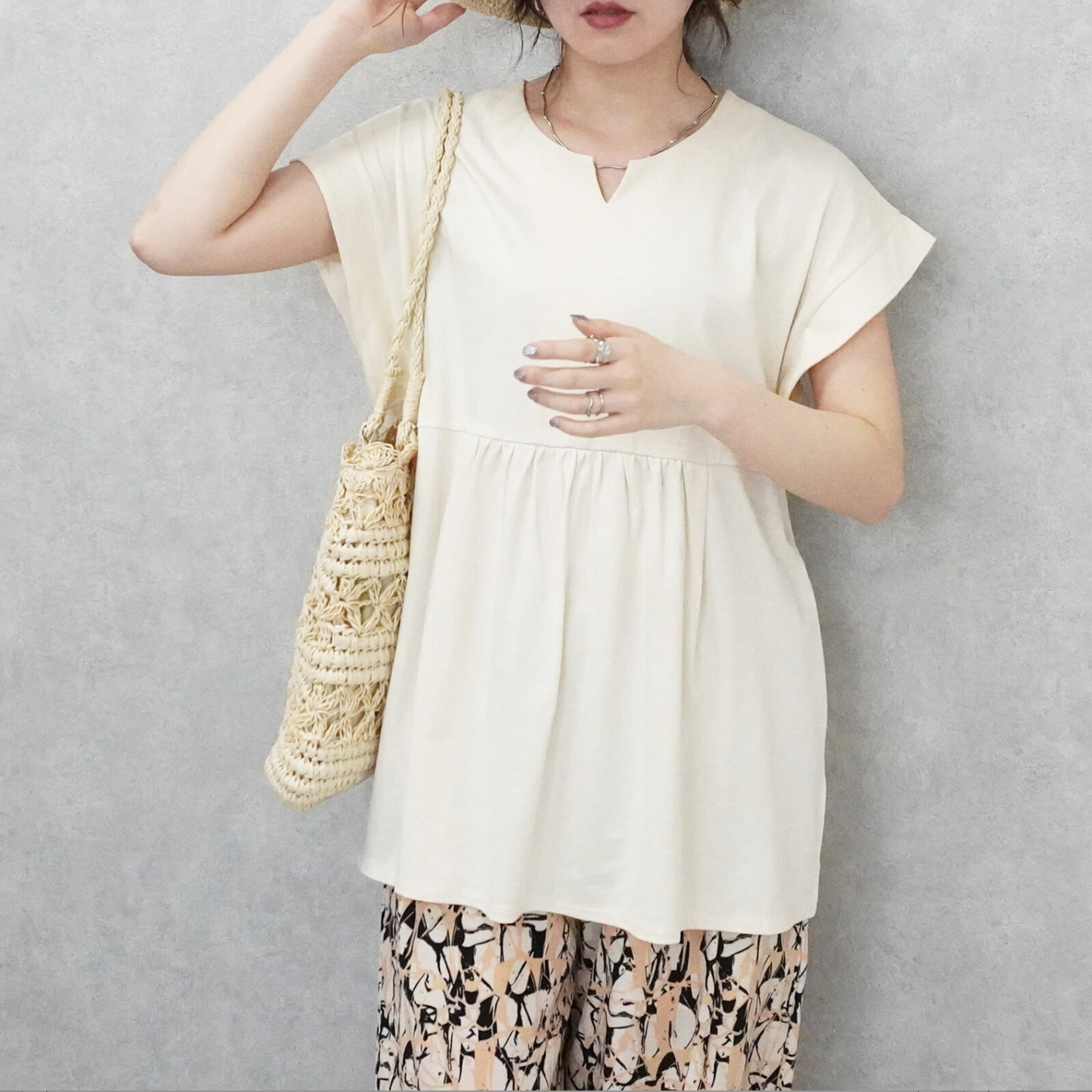 Cotton peplum French-sleeve tee in ivory, UNIQKY
