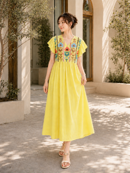 Pastel yellow embroidered cotton dress, UNIQKY