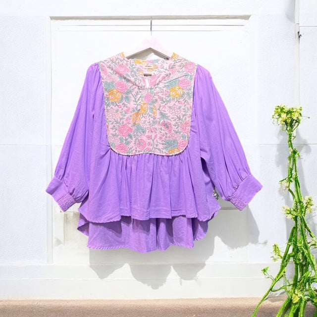 Handmade floral block-print cotton flare blouse in lavender, UNIQKY