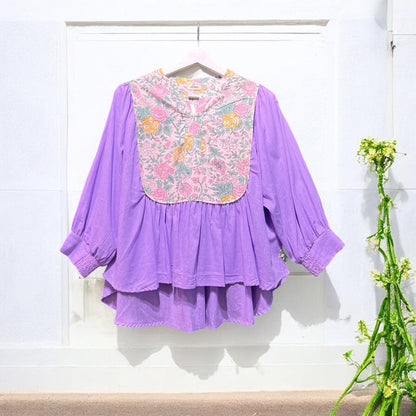 Handmade floral block-print cotton flare blouse in lavender, UNIQKY