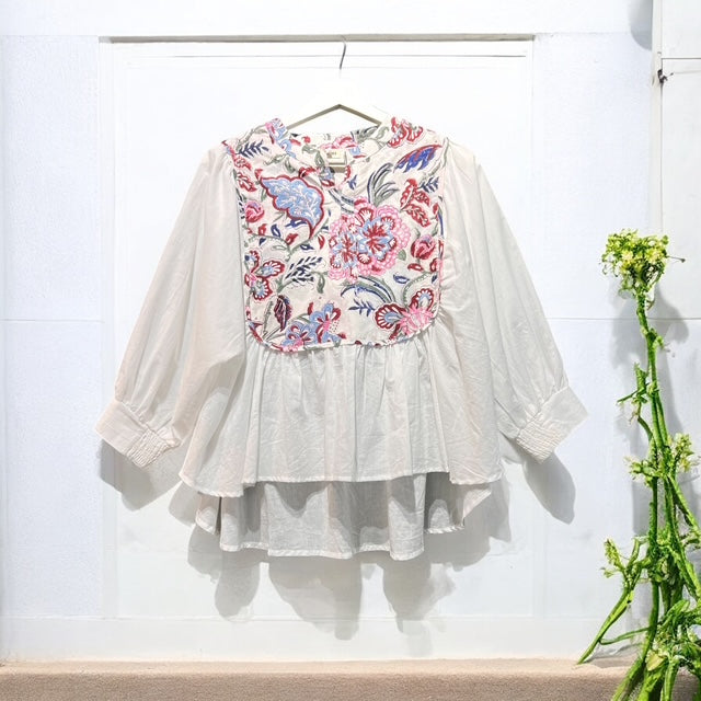White floral block-print cotton blouse, UNIQKY