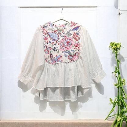 White floral block-print cotton blouse, UNIQKY